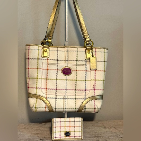 Coach Plaid Tote with Gold Accents - Picture 1 of 13